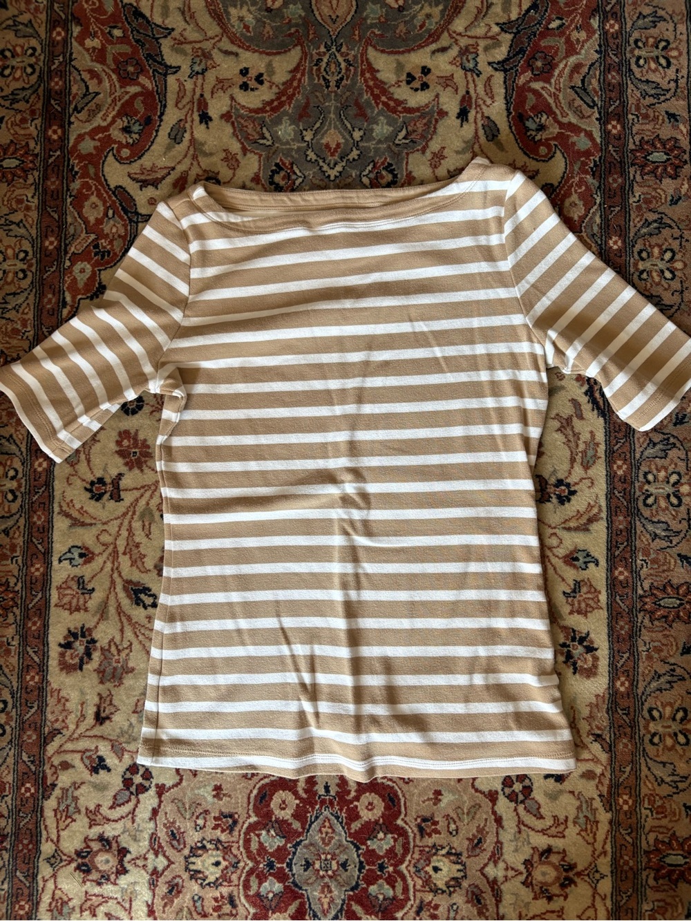 Ellen Tracy White and Tan Striped Short Sleeve Top